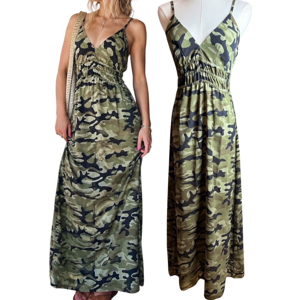 Absolutely Love It Y2K Camo Maxi Slip Dress Rayon Grunge Size M‎